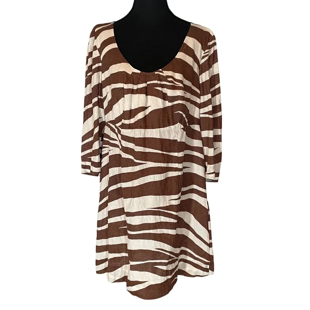 Boden Brown Zebra‎ Print Linen Shift Dress 3/4 Sleeve Scoop Neck US 10 Neutral